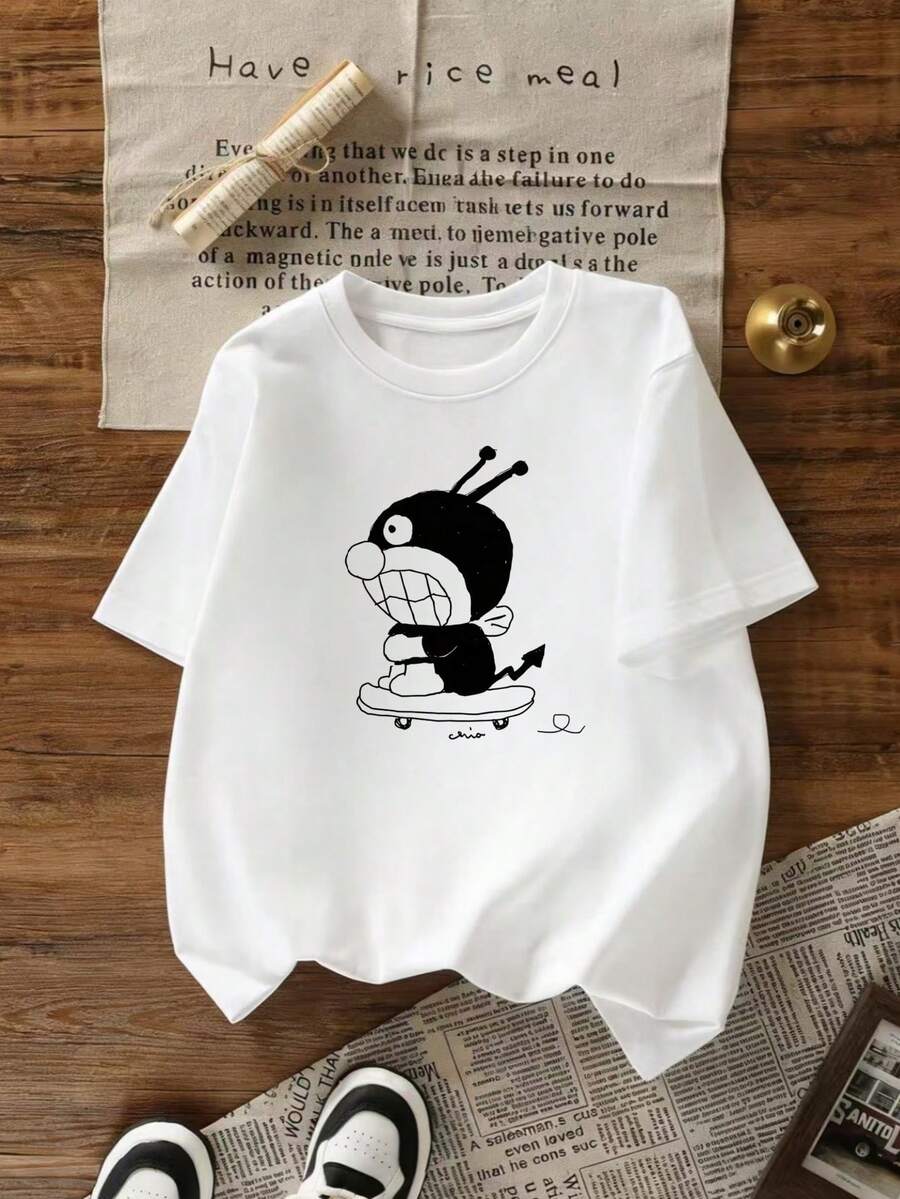 200g 100% Cotton T-Shirt, 2026 Women's Summer Fashion Letter Print Short Sleeve T-Shirt, Couple Style, Underwear/Outerwear, Office Casual Round Neck Short Sleeve Top - trắng - Xem 1
