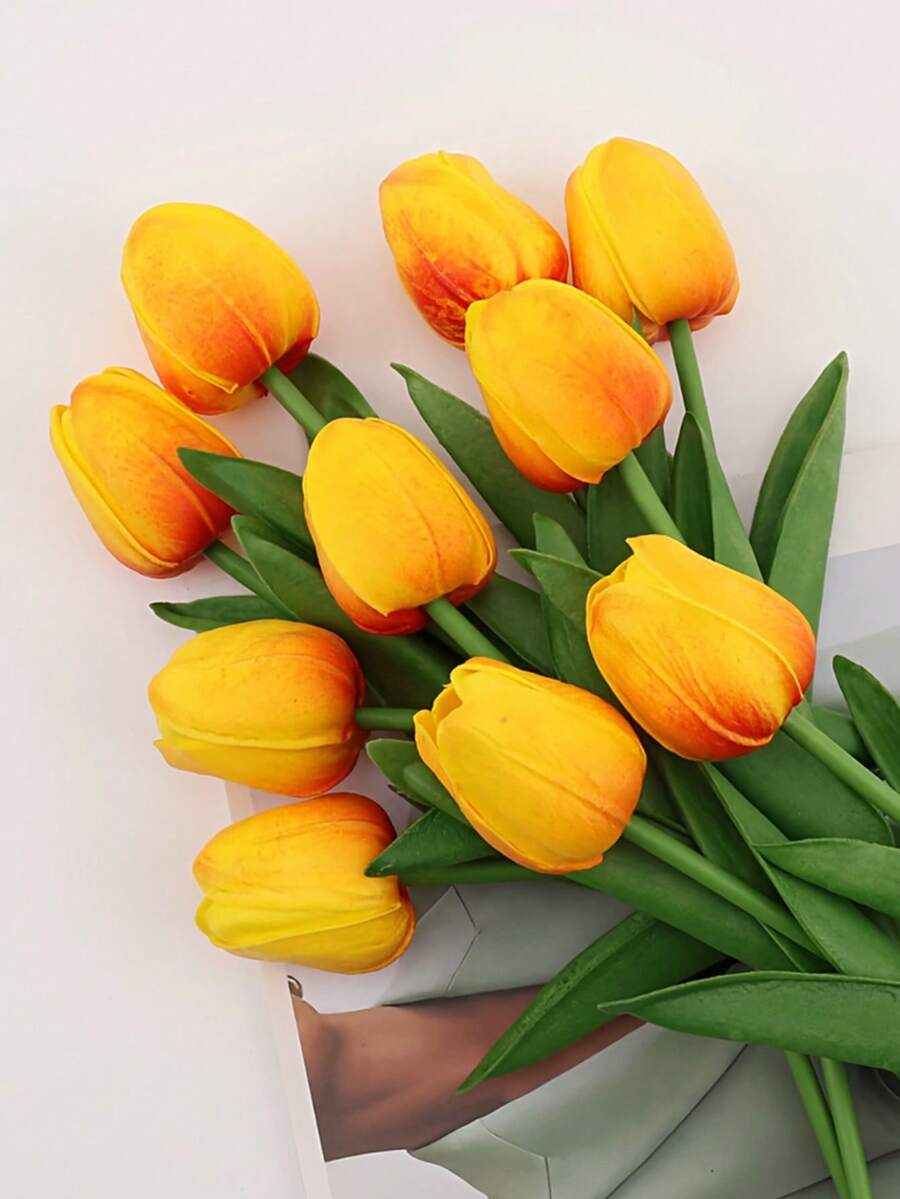 1/20pcs Lifelike Tulip Flower Bouquet, Suitable For Wedding, Valentine's Day, New Year Gift, Mother's Day Gift, Garden, Home Decor, Bathroom Accessories, Bedroom Decor, Artificial Flowers, Fake Plants, Living Room Accessories, Wedding Decor, Vase Filler, Floral Bouquet, Outdoor Artificial Plants - Orange - View 1