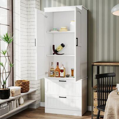 OYAJIA Wood Storage Cabinet, Adjustable Shelves 2-Door Organizer Unit Chest With 2 Drawers, Large Kitchen Cupboard Tall Floor Sideboard For Living Room Hallway Corner Bedroom (60 X 30 X 150cm, White)