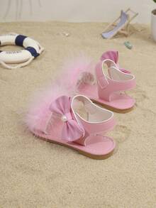1双夏季粉色毛绒蝴蝶结女童凉鞋，软底防滑魔术贴透气沙滩鞋 - 粉色 - 查看 4