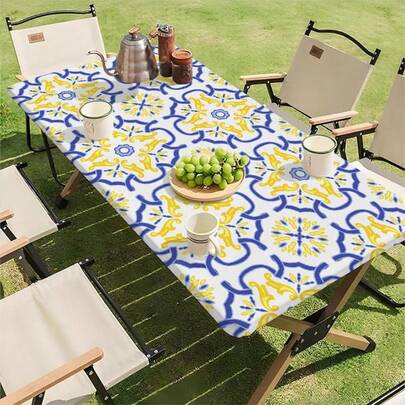1pc Elegant Mediterranean Style Outdoor Elastic Tablecloth With Blue And Yellow Striped Design - Spring Vibe, Outdoor Decor
