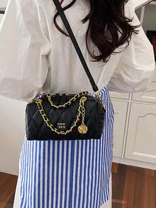 高端黑色绗缝手提包，时尚百搭手提单肩斜挎枕包，女士 - 黑色 - 查看 8