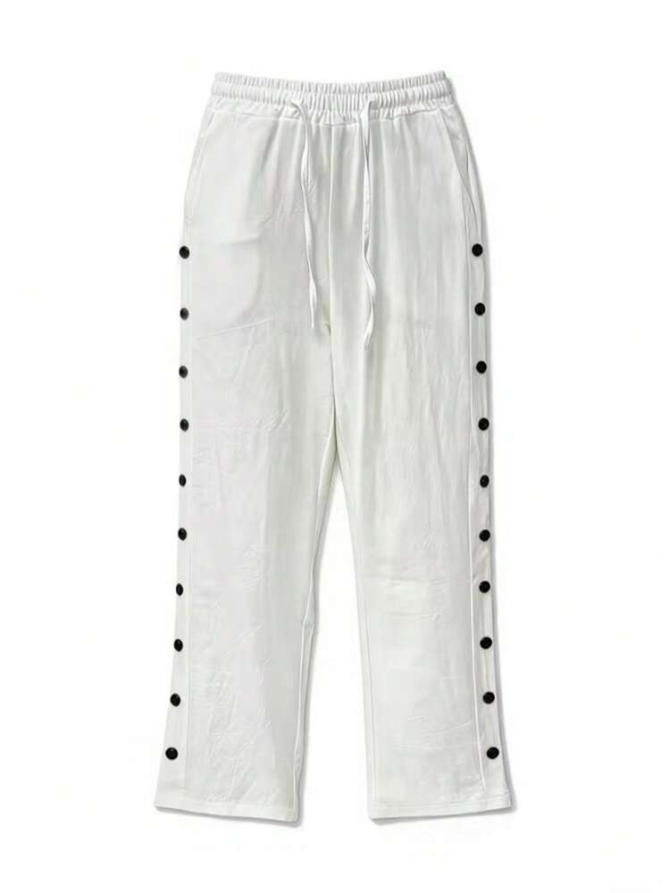Women's Solid Color Elastic Waist Drawstring Side Button Pocket Casual Pants, Suitable For Daily, Home And Outdoor Occasions Spring White - White - View 4