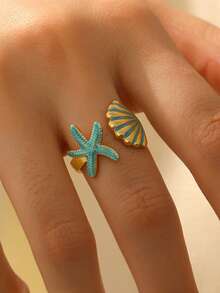 1pc 18K Gold Plated Stainless Steel Bohemian Style Geometric Gold & Blue Enamel Starfish & Shell Adjustable Open Ring, Suitable For Women's Daily Wear And Vacation, Great Gift For Holiday - Multicolor - View 1