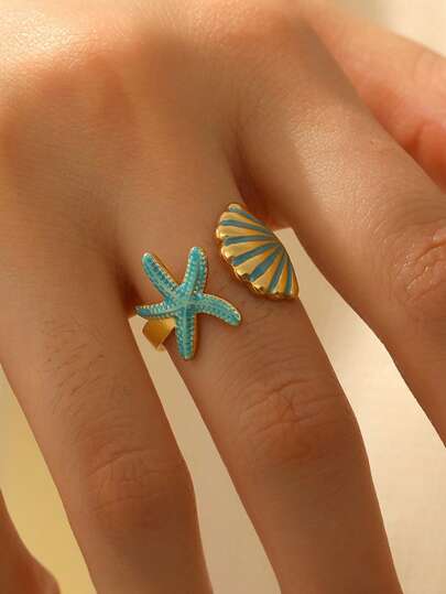 1pc 18K Gold Plated Stainless Steel Bohemian Style Geometric Gold & Blue Enamel Starfish & Shell Adjustable Open Ring, Suitable For Women's Daily Wear And Vacation, Great Gift For Holiday