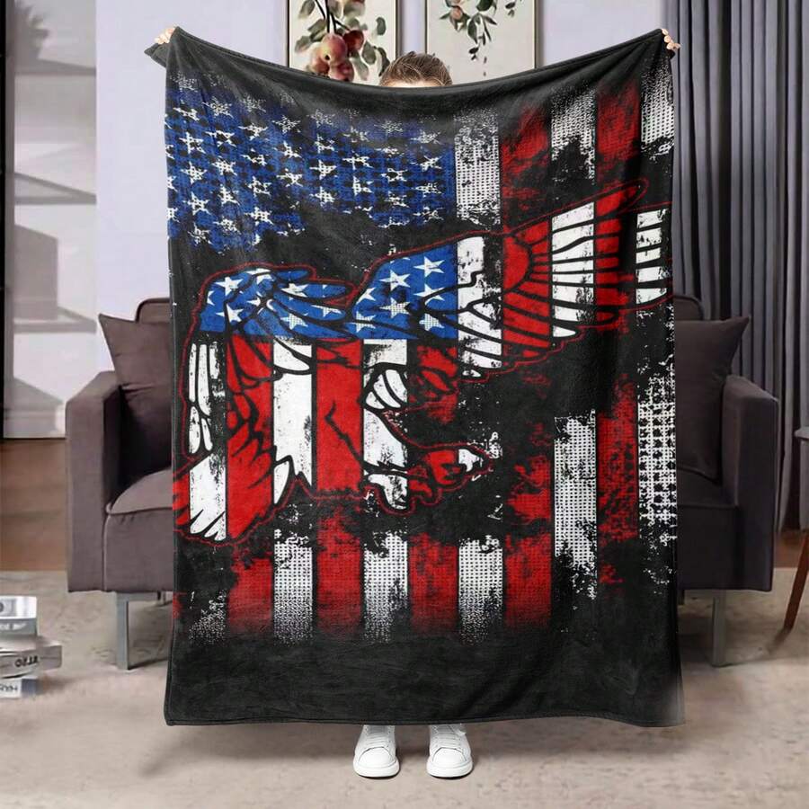 Soft & Durable American Flag Eagle Print Blanket - Suitable For All Seasons, Machine Washable, Modern Style, Great For Sofa And Bed - Multicolor - View 1