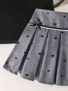 2pcs/Set Girls' School Style Bow Embroidered Sleeveless Top And Bow Decor Skirt Set, Summer - Black - View 5