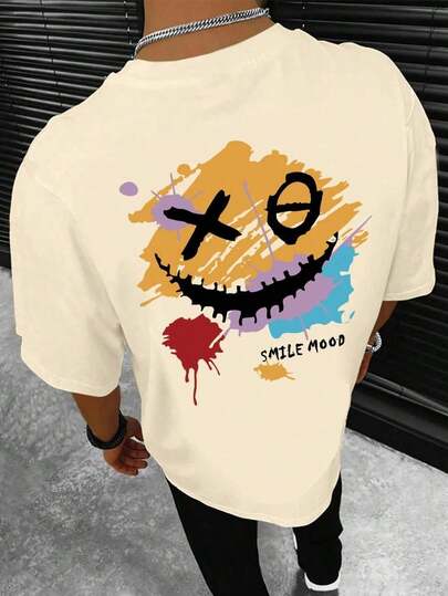 Camiseta de Verano para Hombre, Casual, de Cuello Redondo y Manga Corta, con Estampado de Letras y Cara Sonriente