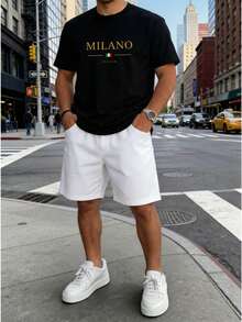Conjunto masculino estilo italiano minimalista de dos piezas con estampado de letras MILANO en algodón ajuste holgado cuello redondo manga corta primavera verano uso casual set - Negro 1 - Ver 2
