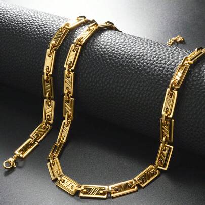 2件套复古18K镀金亮面斜链项链手链，不锈钢材质，嘻哈街头风男女日常派对音乐节佩戴，时尚中性风首饰套装