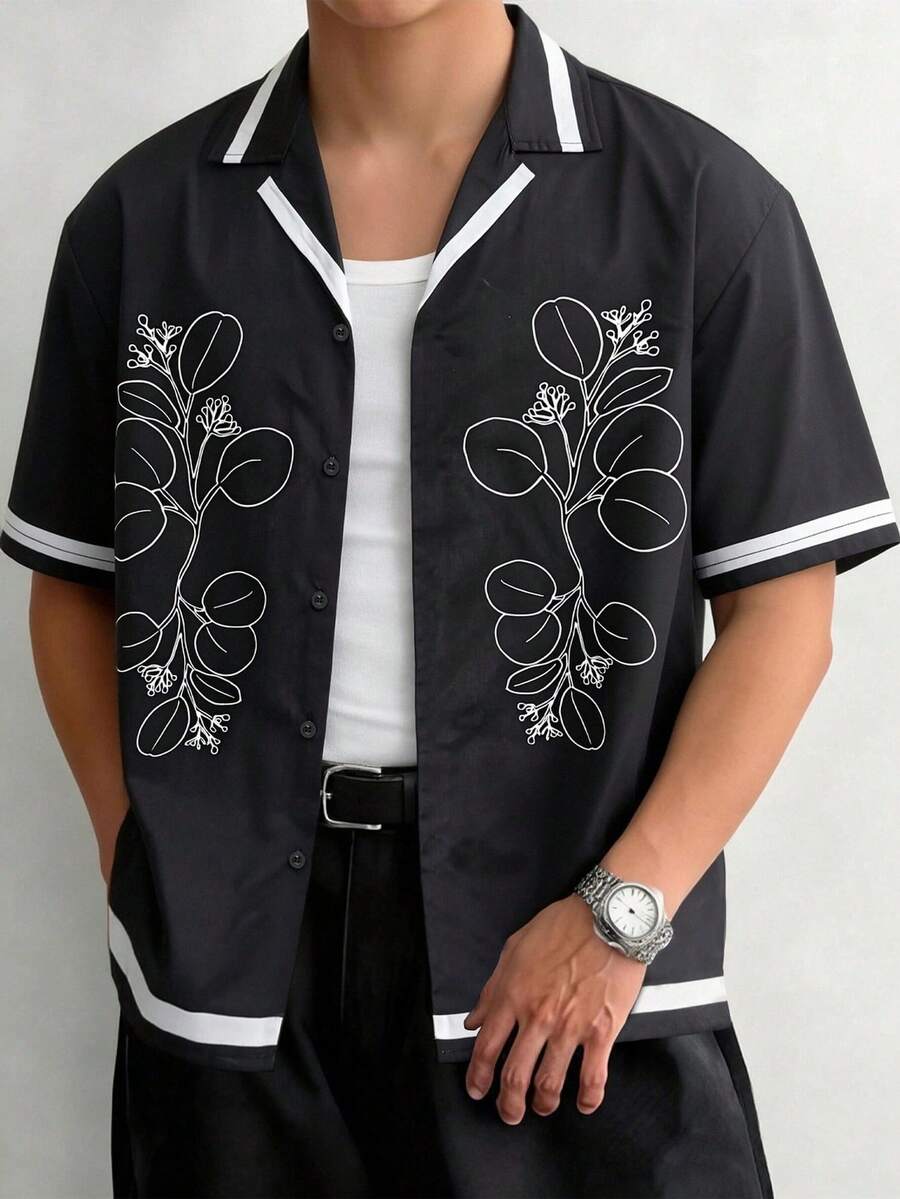 WAIT HIM Men's Summer Casual Vacation Fashion Daily Commute Botanical Print Contrast Binding Short Sleeve Shirt - Black - View 1