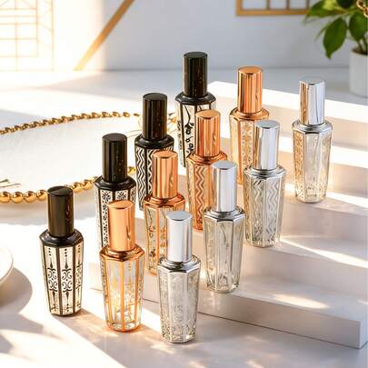 12/4/1件套三色复古雕花玻璃香水可灌装喷雾瓶套装，优雅复古风格，花卉图案，八角形瓶身搭配金属瓶盖，便携轻巧设计，旅行必备化妆工具