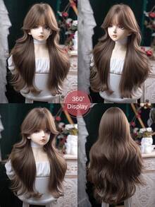 alicegarden 这款28英寸长的合成假发，拥有自然波浪卷发造型，呈现迷人的棕色。它带有刘海设计，并采用耐热纤维制成，确保经久耐用。这款假发非常适合日常佩戴，能够打造自然逼真的效果。 - 棕色 - 查看 9