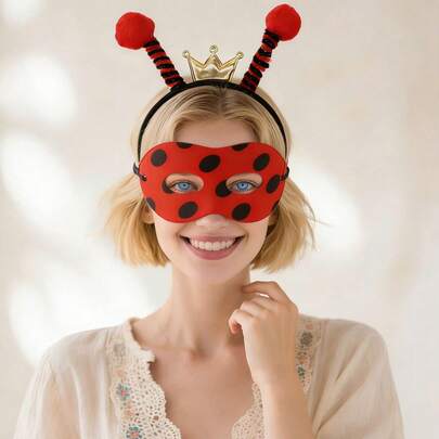 Bộ băng đô và mặt nạ che mắt hình bọ rùa dành cho nữ, phụ kiện hóa trang dự tiệc người lớn, băng đô côn trùng cho tiệc sinh nhật nữ, băng đô râu bọ rùa bằng vải nhung, mặt nạ che mắt chấm bi đỏ đen, phụ kiện biểu diễn sân khấu ngày lễ, phụ kiện đội đầu hóa trang dự tiệc.