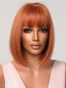 Elegant Orange Women's Stright Wig With Short Bangs High Temperature Fiber Rose Net Cap Versatile Styling - Suitable For Cosplay, Parties, And Music Festivals - 臟橘色 - 查看 7