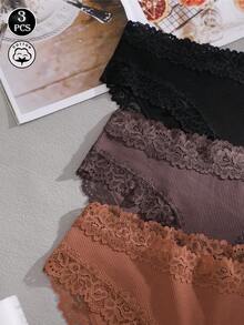 Bộ 3 chiếc quần lót nữ màu trơn, chất liệu cotton gân, phối ren, gợi cảm và thoải mái, thích hợp cho ngày Valentine, Giáng sinh, mùa thu/đông, xuân/hè và mặc hàng ngày. - Nhiều màu - Xem 6