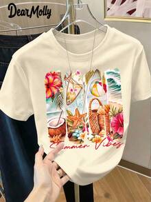 Áo thun ngắn tay cổ tròn in hình phong cách mùa hè DEAR MOLLY, thích hợp cho các bữa tiệc và tụ họp, mặc được quanh năm, quà tặng Ngày của Mẹ tuyệt vời. Phong cách thường ngày. - Màu be - Xem 2