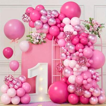 Bộ trang trí vòm bóng bay 114 quả màu hồng đậm, hồng nhạt, hồng pastel ánh kim, kèm bóng bay kim tuyến màu hồng, thích hợp cho tiệc sinh nhật chủ đề công chúa, tiệc mừng em bé, đám cưới, lễ đính hôn, kỷ niệm.