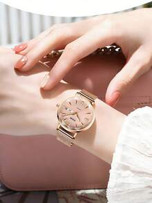 DOM 1件女士玫瑰金不锈钢表带时尚优雅石英表，带日历和星期显示，防水，适合送礼和日常佩戴 - 玫瑰金 - 查看 2