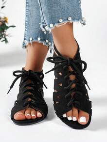 Breezelady Women's Fashion Multi-Design Sandals With Zipper, Drawstring, Hollow-Out, Round Toe, Open Toe, Flat, Strap, Outdoor, Comfortable, Plus Size, Breathable Casual Sandals For Summer And Spring - 黑色 - 查看 5