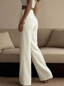 Women's Solid Color Wide Leg Business Pants, Straight Leg Casual Trousers, Versatile For Various Occasions And Commuting White Spring - 黑色 - 查看 10