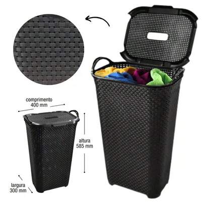 Cesto Rattan Grande C/Tampa Basculada Preto ou Branco 50L Armazenamento Resistente