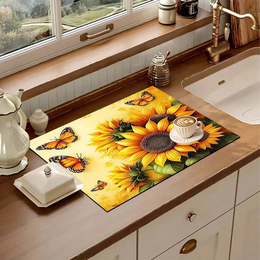 1pc Sunflower Print Kitchen Counter Dish Drying Mat, Super Absorbent, Hides Stains, Rubber Backed Multi-Purpose Dining & Kitchen Pad, Suitable For Coffee Maker, Dish Rack, Coffee Table, Countertop - Multicolor - View 1