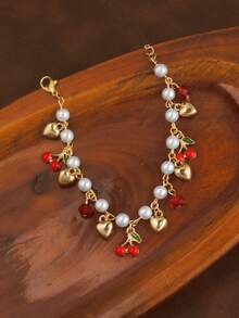 1pc Sweet & Fresh Fruit Personalized Super Cool Creative Cherry Heart Beaded Bracelet - Multicolor - View 3