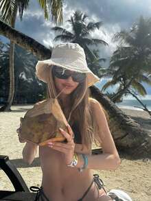 1 pieza Sombrero de cubo con cordón ajustable para mujer, diseño deshilachado, tela suave, protección solar y contra el viento, de moda, adecuado para viajes, playa, mar, ocio y uso diario - Multicolor - Ver 9