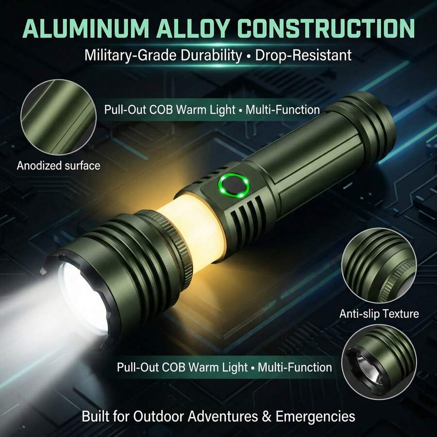 huukers 2-In-1 Rechargeable Spotlight & Floodlight, With Fresnel Lens - High Lumens Zoomable Beam,15000mAh Battery With Real-Time Power Display, 500m Beam Distance, Compact Aluminum Body, Best For Power Outage, Car Maintenance & Night Walking, Space-Saving & Versatile Essential For Home & Travel. - Black Aluminum Tactical Flashlight - 查看 1