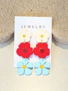 1对女士春夏白色、红色、蓝色花卉印花陶瓷质感INS设计可爱个性亚克力长耳环 - 彩色 - 查看 9