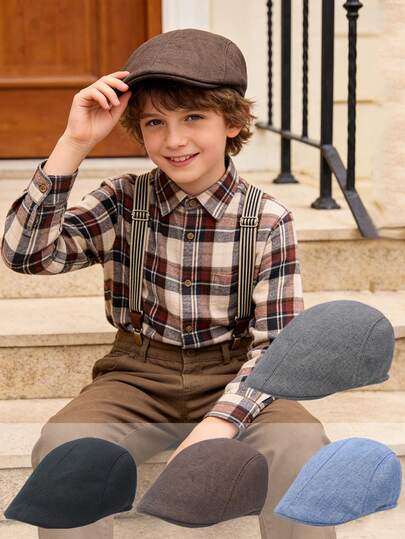 1顶儿童时尚英伦贝雷帽，亚麻平顶帽，经典复古风格，男女童皆宜，休闲百搭，适合返校和日常佩戴