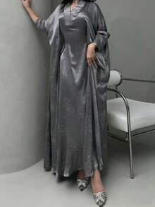 Nueva Abaya de moda para mujeres de Oriente Medio con decoración exquisita de rhinestones (patrones aleatorios de rhinestones) Primavera - Gris - Ver 2