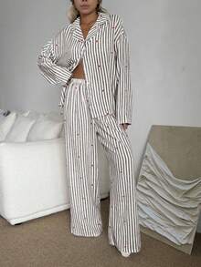 Nina Bonheur Bộ đồ ngủ 2 món tay dài thoáng khí thoải mái rộng rãi cho nữ và quần dài, đồ mặc nhà dễ thương - màu đen - Xem 5