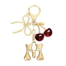 Bow & Cherry Decor Bubble Letter Keychain - Gold Letter Charm Bag Accessory, Cute Handbag Decoration - Red - View 10