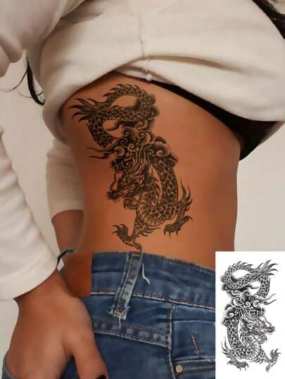 1 Sheet Big Size Men's Body Art Temporary Tattoo Sticker, Black Realistic Tiger And Dragon Pattern, Waterproof Fake Tattoo, Lasting 2-5 Days, Can Cover Scars, Can Be Used On Arms, Wrists, Shoulders, Legs, Waist, Neck, Hands, Chest, Thighs, Fingers And Other Parts, Suitable For Body Decoration, Holidays, Gifts, Parties, Music Festivals And Other Occasions.