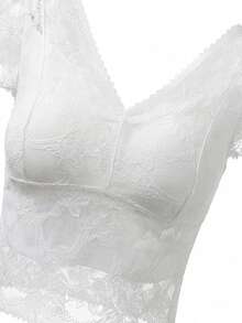 Sexy Lace V-Neck Cropped Camisole, Slim Fit Hollow Out Cap Sleeve Lightweight Top - White - View 8