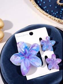 3pcs/Set Spring & Summer Bohemian Style Blue & Purple Ombre Marble Pattern Plumeria Hair Clips, Beach Vacation Hair Accessories - Marble Blue Purple - View 2
