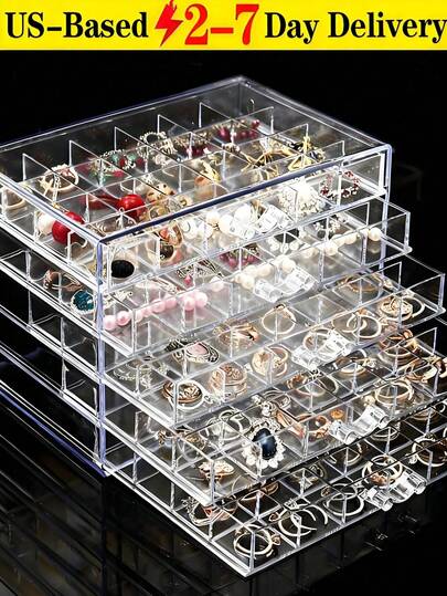 [Delivery Within 2-7 Days In The United States] Jewelry Storage Box - 5 Tiers With 120 Compartments For Organizing Jewelry And Accessories. The Drawer-Style Design Allows For Easy Access, Featuring A Transparent Minimalist Style. It Makes An Ideal Gift For Your Wife Or Daughter During Halloween, Thanksgiving, Or Christmas! Also Perfect For Back-To-School Dorm Storage. This Multi-Tiered, High-Capacity Dust-Proof Home Jewelry Box Prevents Oxidation, Ideal For Storing Earrings And Ear Accessories. Stylish Transparent Jewelry Organizer, Practical And Functional. Neatly Arranged With Large Capacity Storage. Waterproof And Dustproof. Organized Compartments With Clear Visibility. Multi-Tiered Storage Saves Space And Tackles Clutter. Sturdy And Durable. Ideal For Makeup Storage, Nail Supplies, And General Organization. Versatile Storage Solution