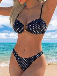 Bộ bikini nữ màu đen trắng chấm bi khoét eo, thích hợp cho kỳ nghỉ biển. - Đen và trắng - Xem 3