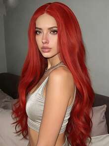 Tóc giả dài 26 inch, chịu nhiệt, màu vàng tự nhiên, kiểu tóc gợn sóng, tóc giả rẽ ngôi giữa, tóc giả ren ôm trán, kiểu tóc xoăn tự nhiên, mượt mà và chân thực, thích hợp sử dụng hàng ngày. - Đỏ - Xem 3