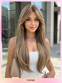 TOPSHE 24 Inch Mocha Brown Multi-Layered Natural Wavy Middle Part Synthetic Heat-Resistant Wig, Suitable For Holidays, Travel, Costume Parties, Festivals, Daily Wear, Music Festivals, Weddings, Holiday Gifts - Mocha Brown - View 2
