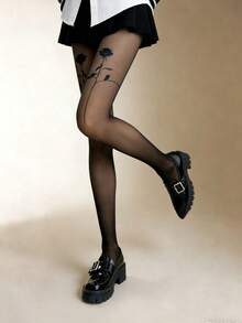 1 Pair Black Sheer Tights With Rose Print Sexy Floral Pattern Stockings Daily Wear - Multicolor - View 1