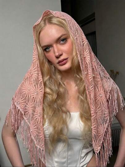 1 pieza Bufanda/Chal triangular de mujer de unicolor, elegante, con encaje y perlas caladas, de estilo bohemio de lujo, adecuado para uso diario, bodas, iglesias y eventos formales