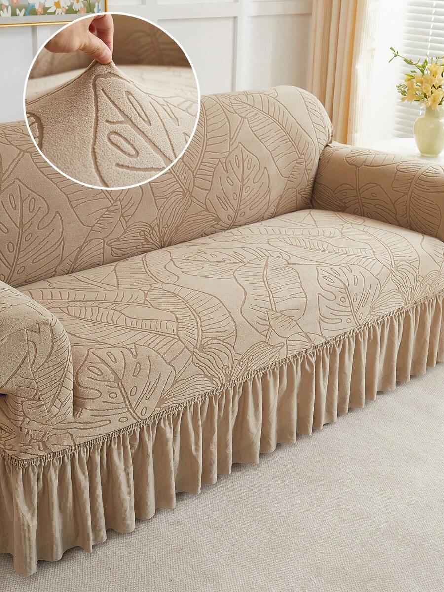 1pc Jacquard Leaf Pattern Elastic Skirt Sofa Cover, Minimalist Nordic Modern Dust-Proof Thick Soft Sofa Slipcover, Skirt Design Sofa Home Protective Cover, Suitable For 1/2/3/4 Seater Sofa, Suitable For Living Room, Bedroom, Hotel - Camel - View 1