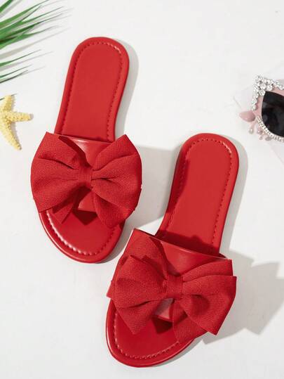 Women's Summer New Bow Decor Flat Sandals, Red, Comfortable Minimalist Beach Vacation Casual Daily Versatile Non-Slip Lightweight Open Toe Slippers, Plus Size