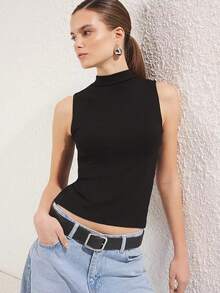 Canotta da senza maniche con collo alla coreana, design aderente alla moda, tessuto ad alta elasticità, lunghezza regolare, casual estiva - nero - Visualizzare 4
