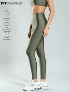 FITNATION Fitness Leggings In Trilobal Fabric With Shine And High Elasticity And Support - Hunter Green - View 2