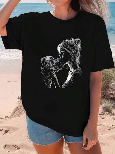 Mujer Camiseta Blanca con Estampado de Dibujo de Mujer y Perro Diseño Artístico para Mujeres Moda Casual Verano-shirt Manga Corta para Damas