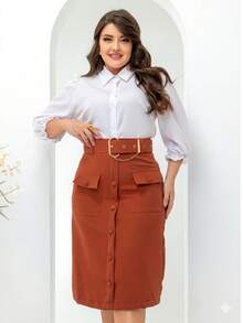 Elegant Tailored Midi Skirt For Modest Fashion, With Belt, Pockets, And Buttons. - Terracotta - View 3
